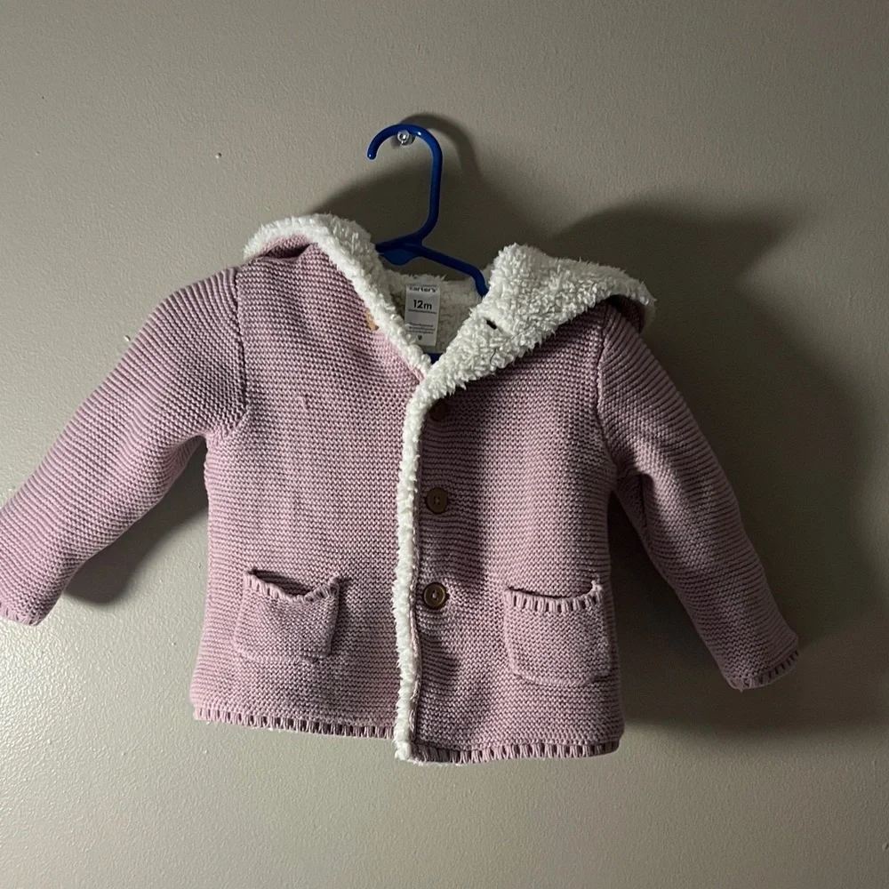 Carter's Pink Knit Hooded Jacket with White Sherpa Trim
